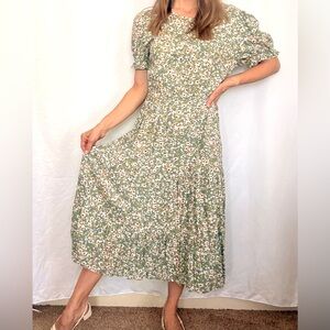 Elegant Green Floral Pink Flowers Midi Dress